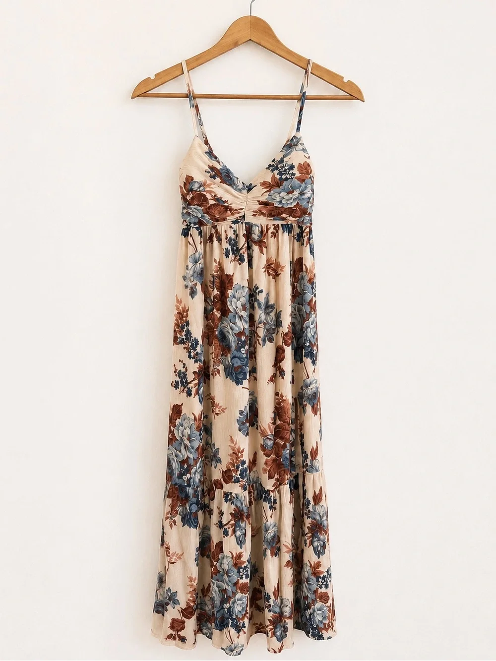 Abercrombie & Fitch Cream Smocked Maxi Dress with Blue & Rust Floral Print